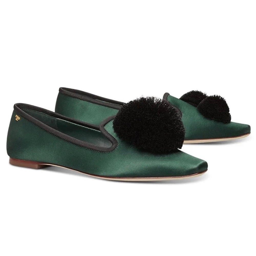 NWT Tory Burch Satin Pom Pom Smoking Loafers in Emerald Green, Brand New in box - Picture 2 of 13